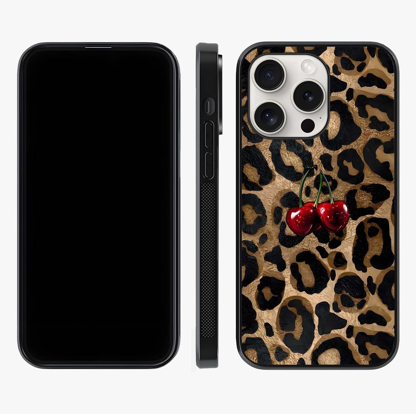 Leopard Wild Cherry Glass Case displayed upright for full design visibility and premium finish.