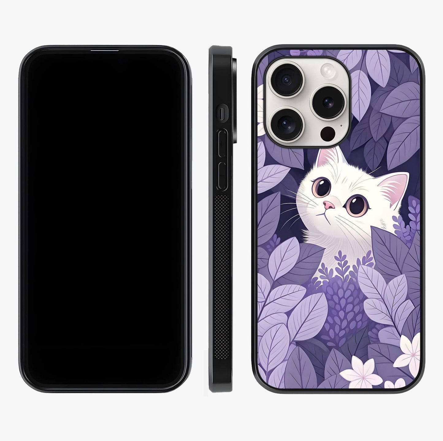 Lilac Hide Peek Cat Glass Case displayed upright for full design visibility and premium finish.