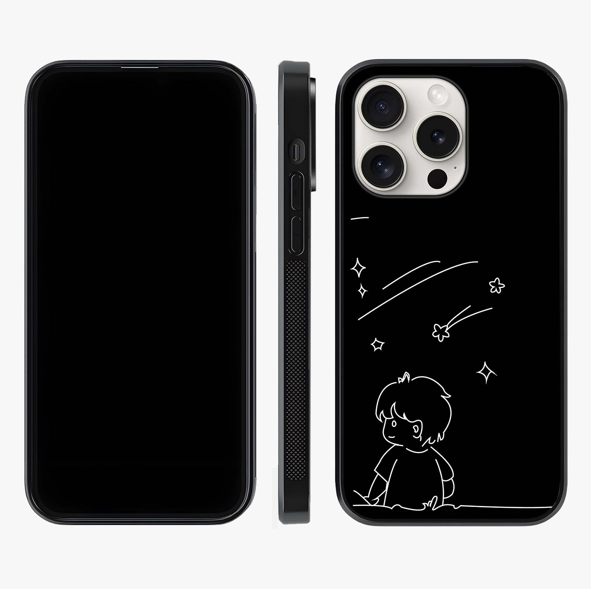 Line Art Boy With Shooting Stars Glass Case displayed upright for full design visibility and premium finish.
