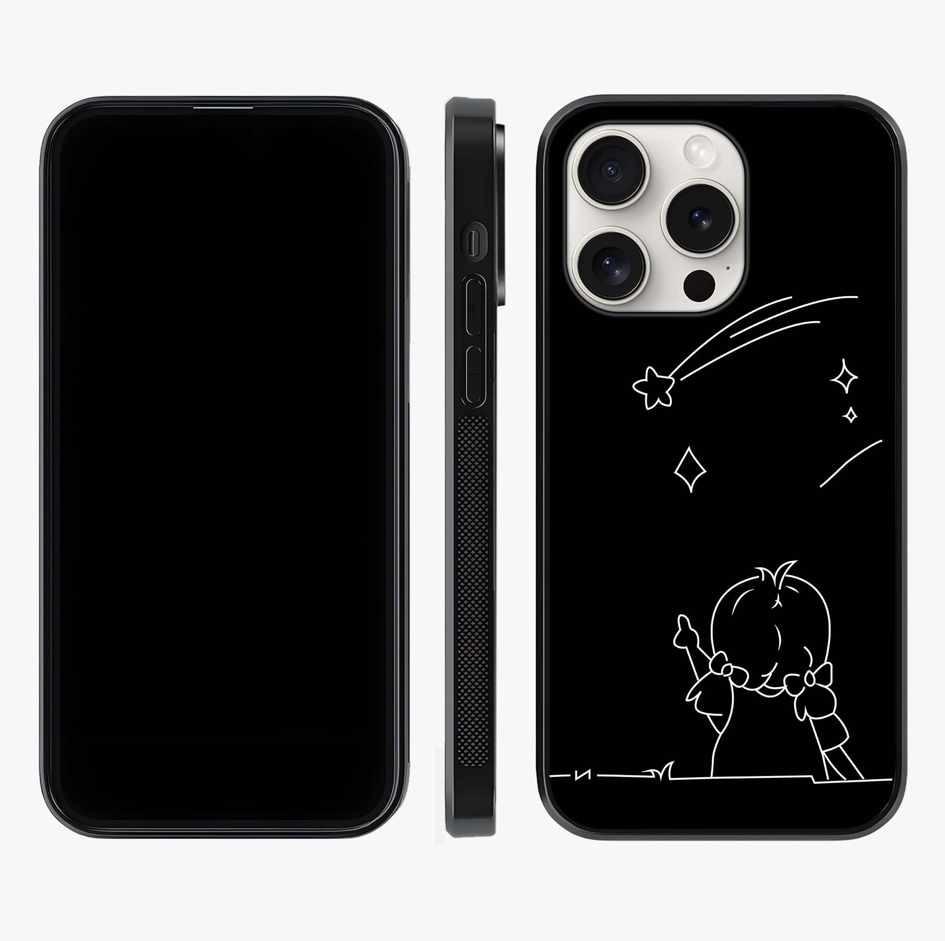Line Art Girl With Shooting Stars Glass Case displayed upright for full design visibility and premium finish.
