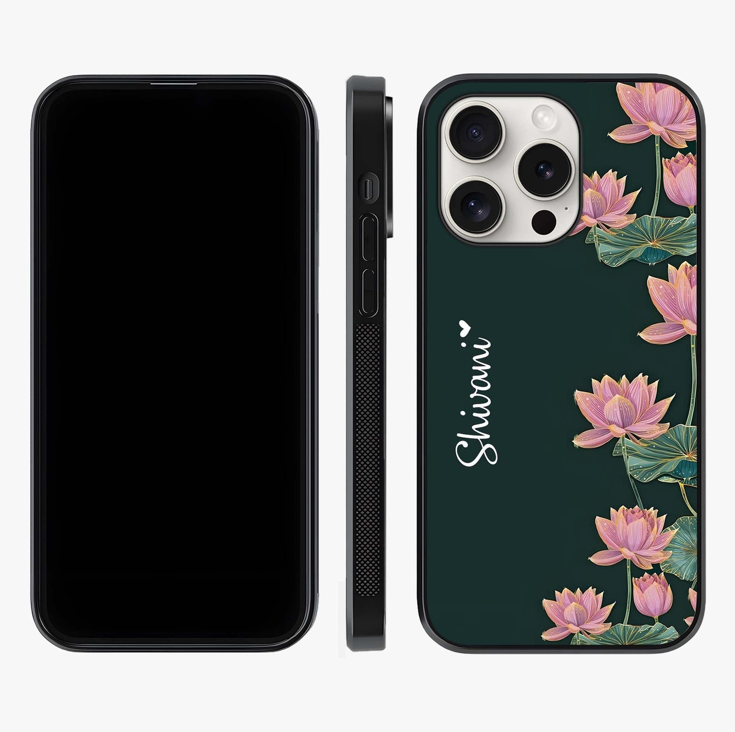 Lotus Bloom Serenity Custom Name Glass Case displayed upright for full design visibility and premium finish.