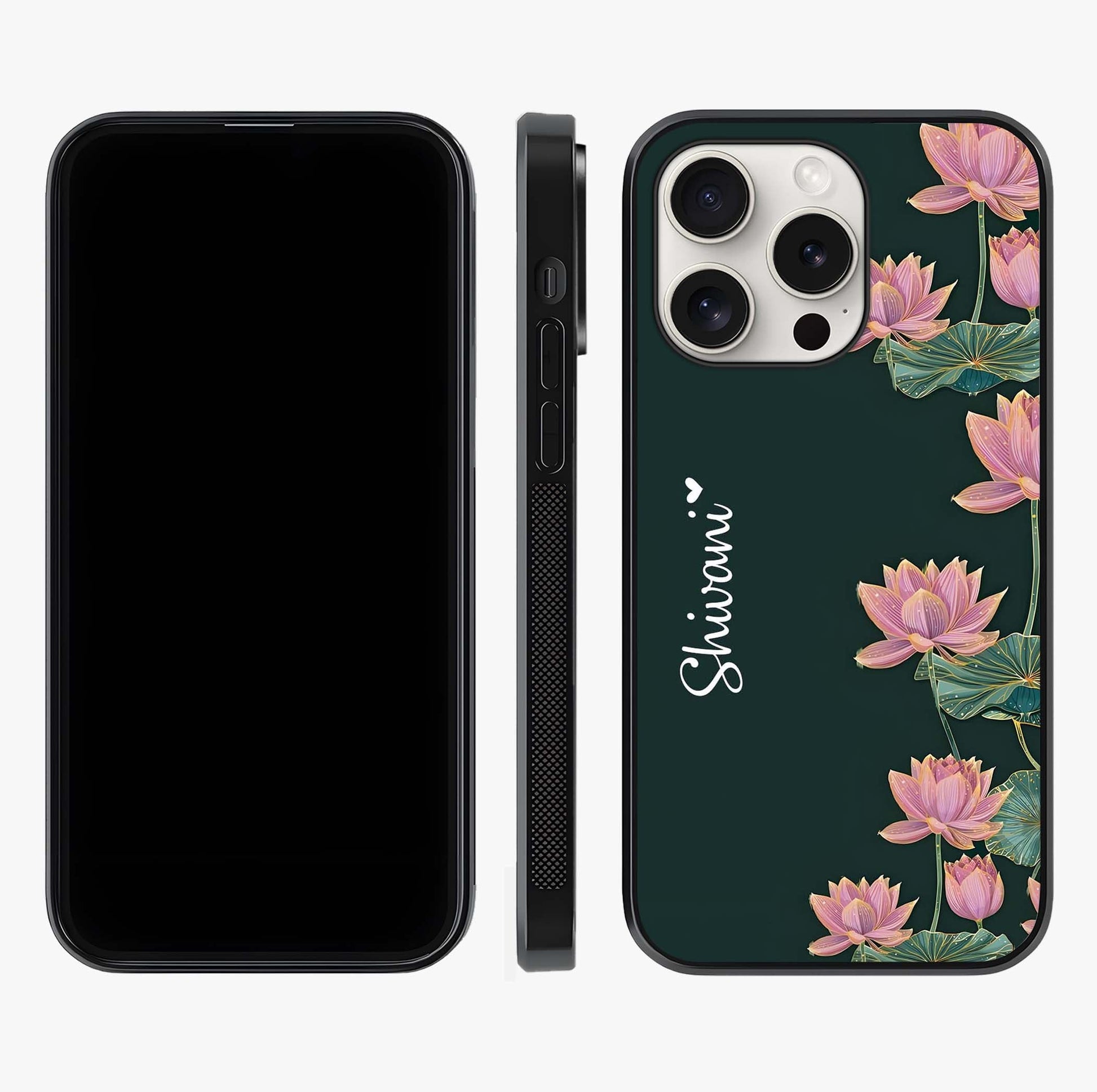 Lotus Bloom Serenity Custom Name Glass Case displayed upright for full design visibility and premium finish.