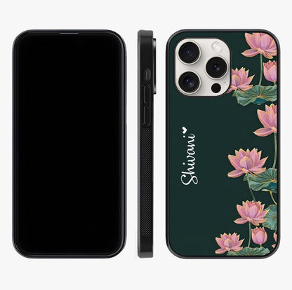 Lotus Bloom Serenity Custom Name Glass Case displayed upright for full design visibility and premium finish.