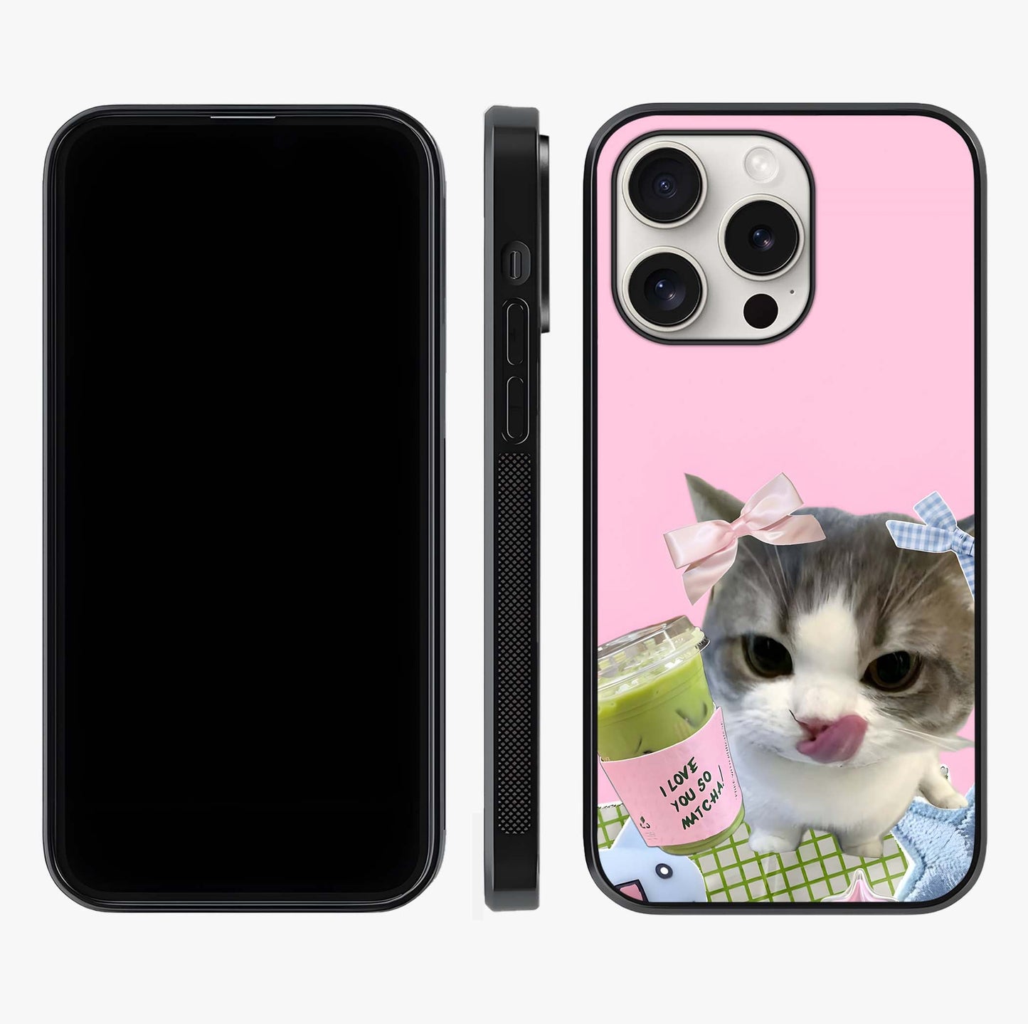 Love Matcha Cat Glass Case displayed upright for full design visibility and premium finish.