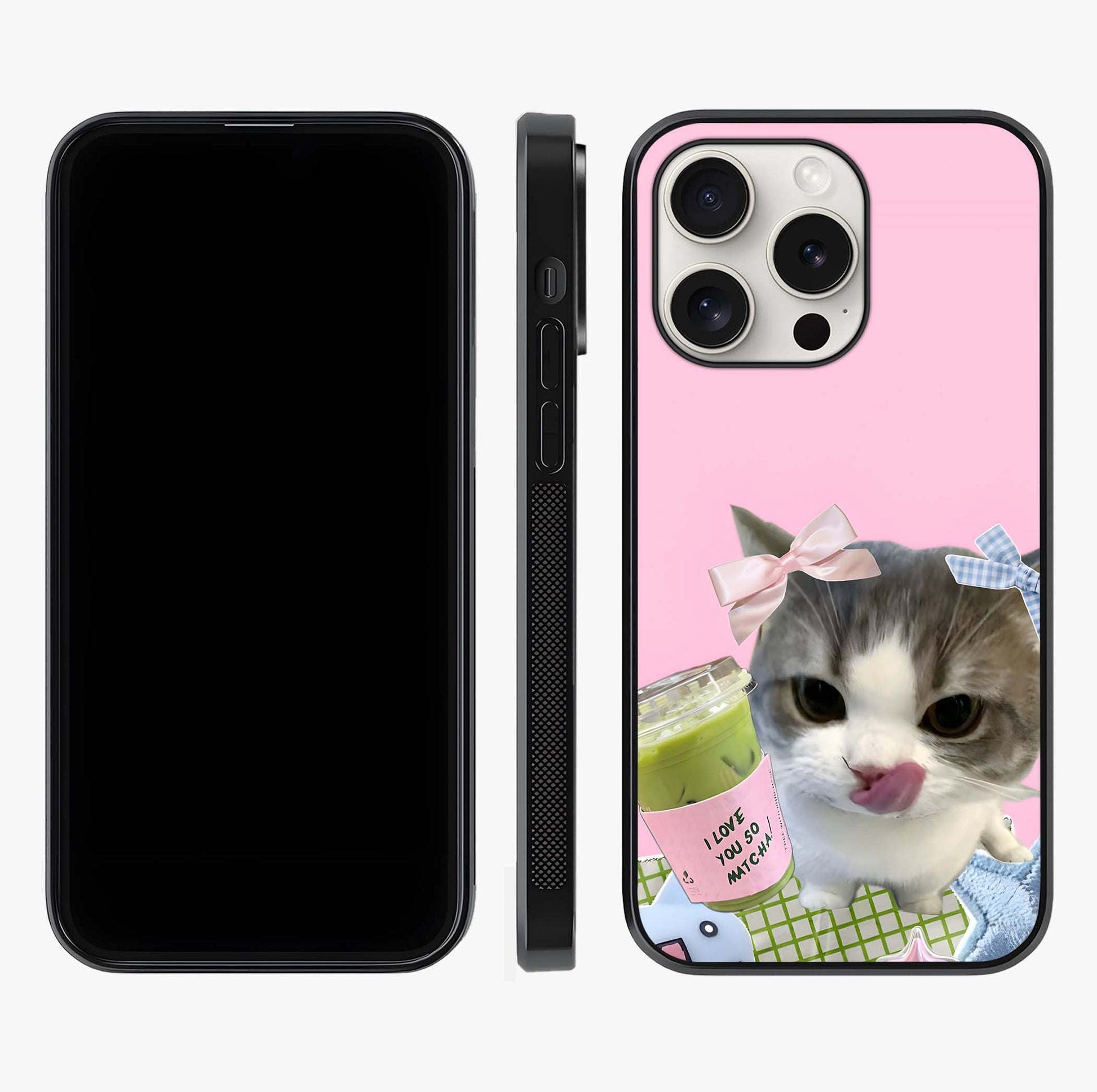 Love Matcha Cat Glass Case displayed upright for full design visibility and premium finish.