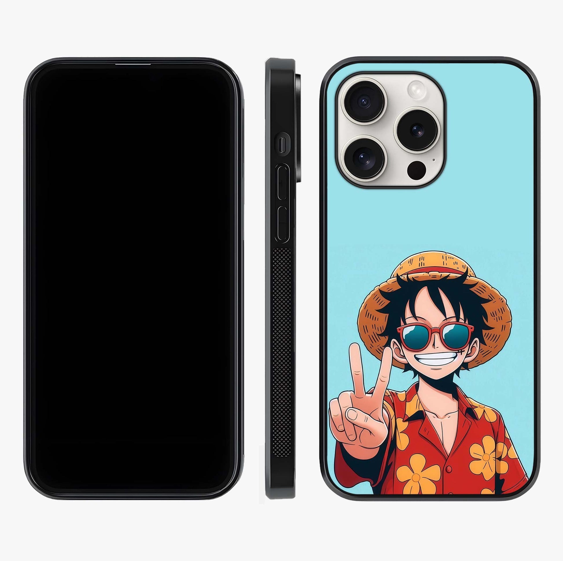Luffy Summer Anime Vibe Glass Case displayed upright for full design visibility and premium finish.