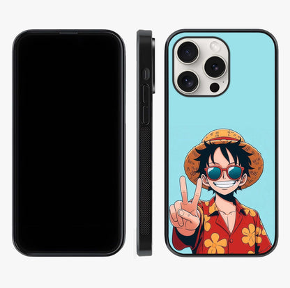 Luffy Summer Anime Vibe Glass Case displayed upright for full design visibility and premium finish.