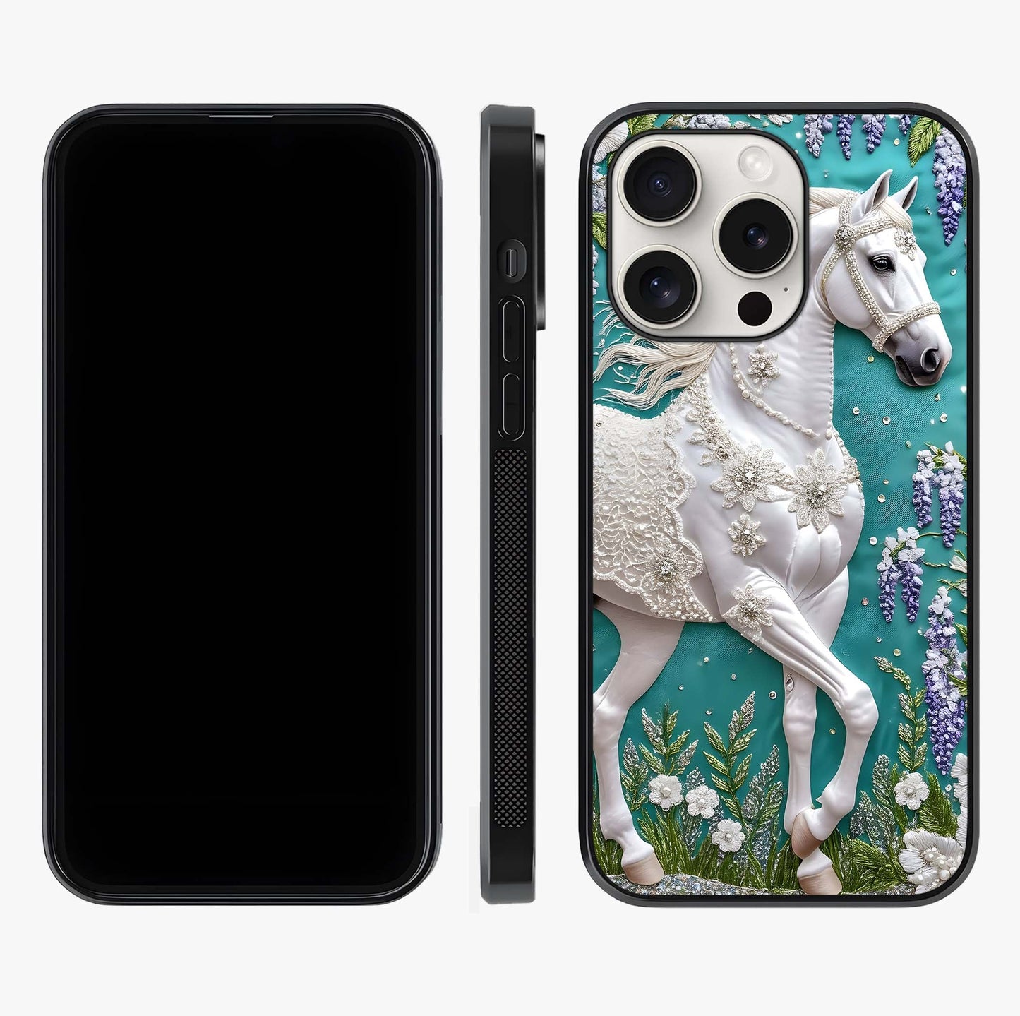 Majestic Floral Stallion Glass Case displayed upright for full design visibility and premium finish.