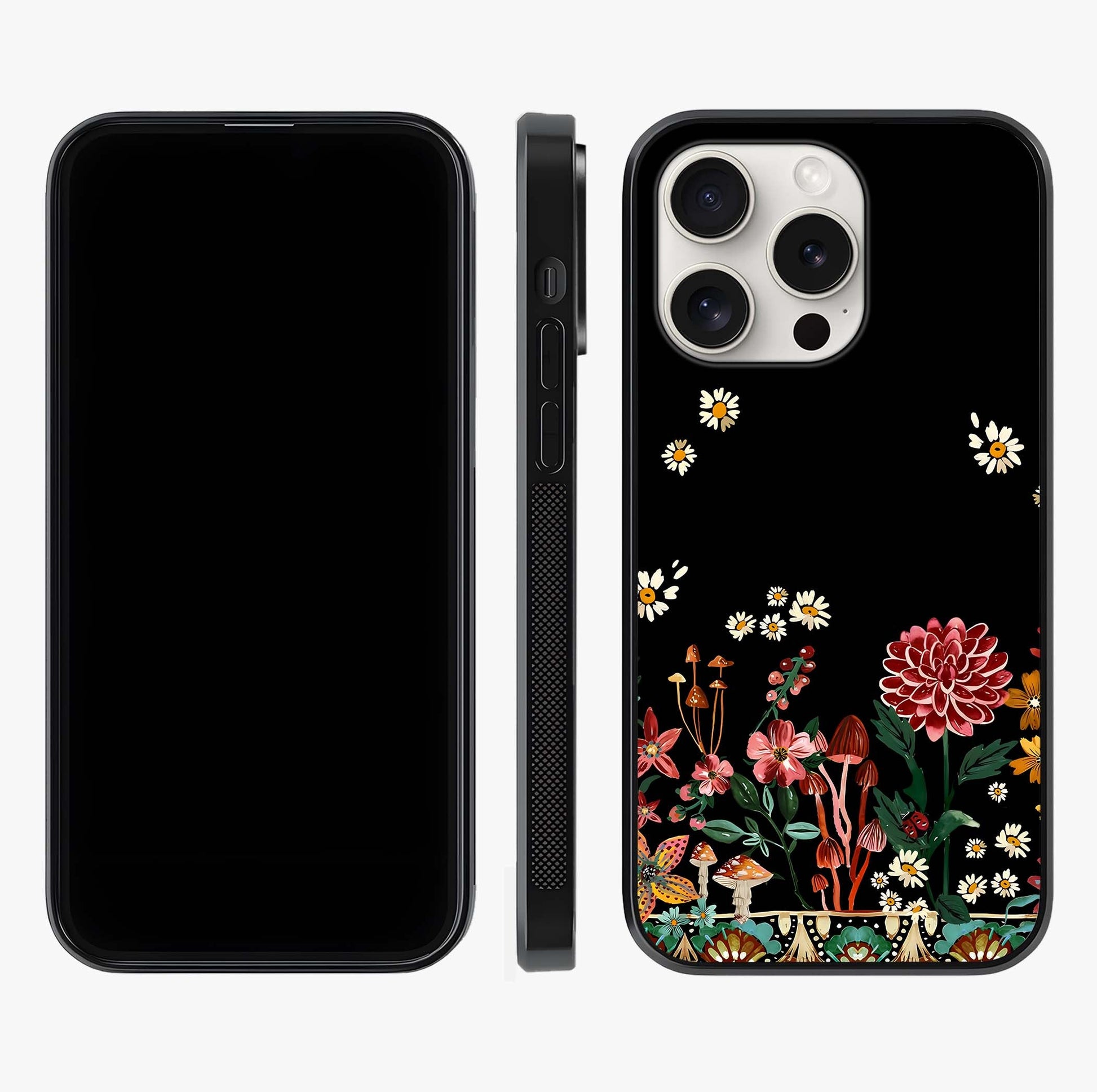 Midnight Bloom Pattern Glass Case displayed upright for full design visibility and premium finish.