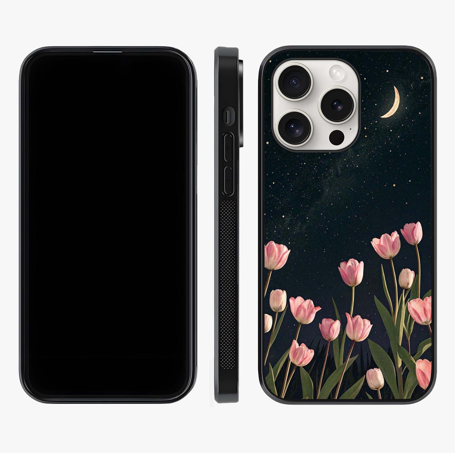 Midnight Tulip Whispers Vibe Glass Case displayed upright for full design visibility and premium finish.