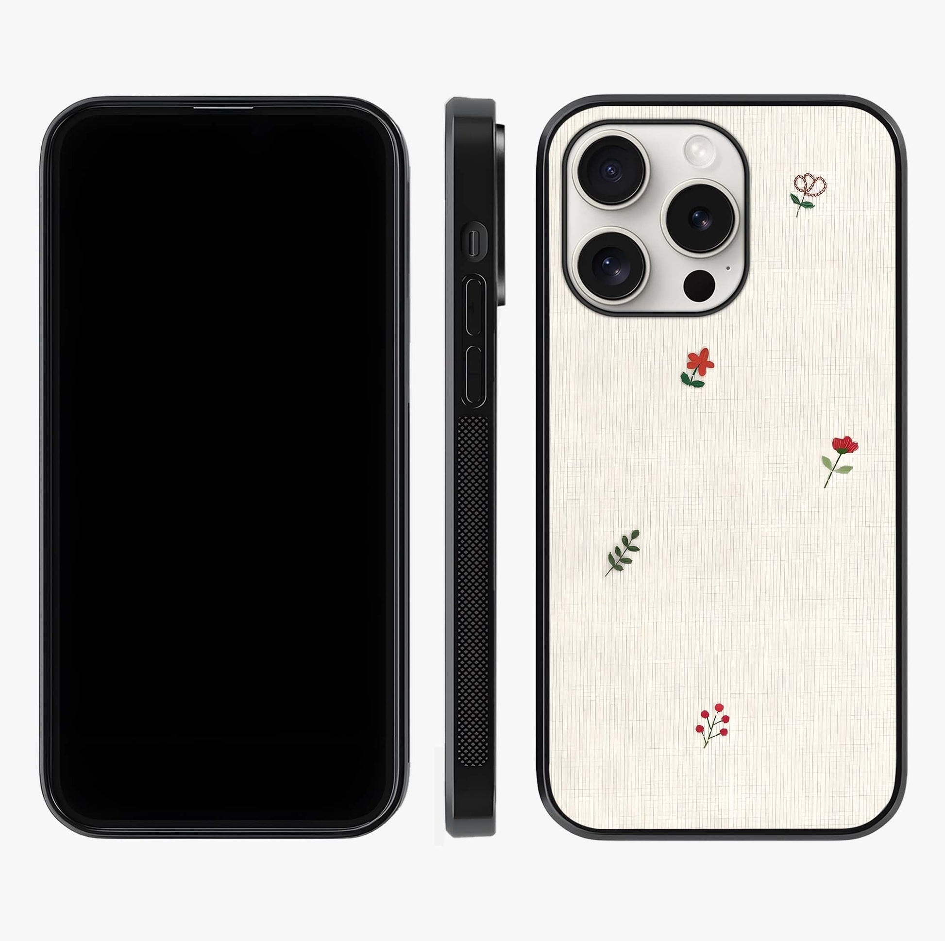 Minimal Petal Whispers Glass Case displayed upright for full design visibility and premium finish.