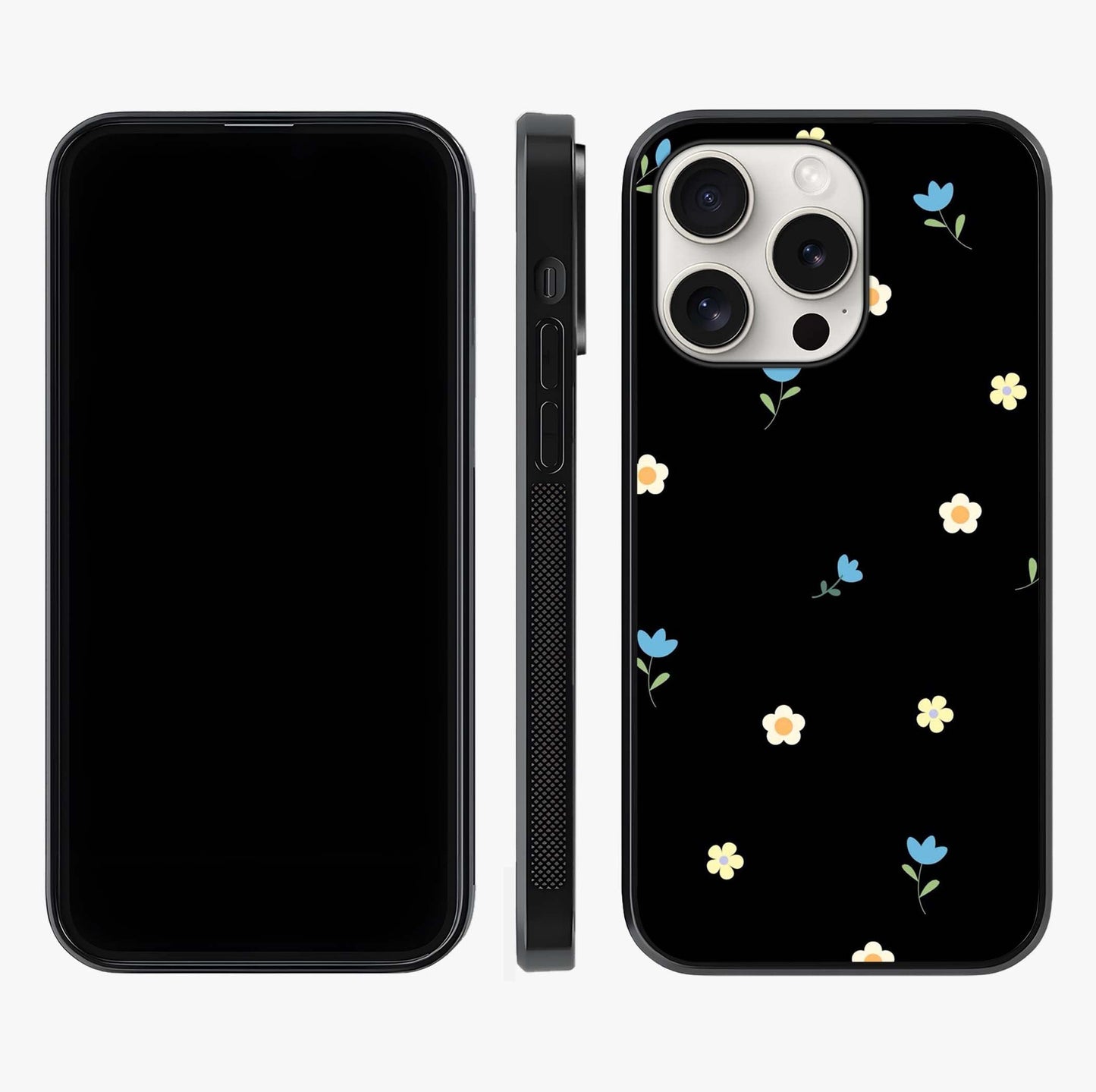 Minimalistic Blue With White Flower Pattern Glass Case displayed upright for full design visibility and premium finish.