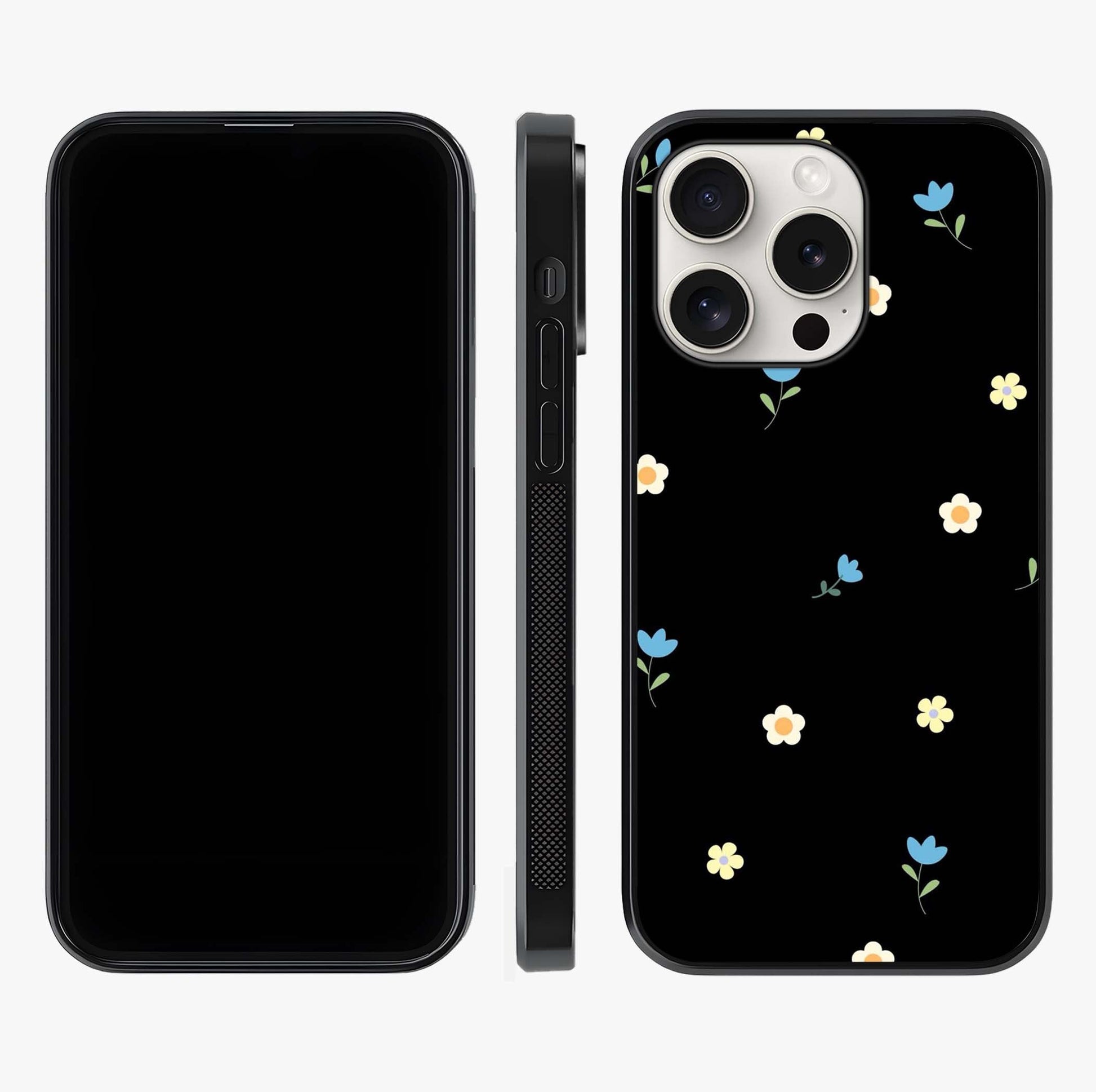 Minimalistic Blue With White Flower Pattern Glass Case displayed upright for full design visibility and premium finish.