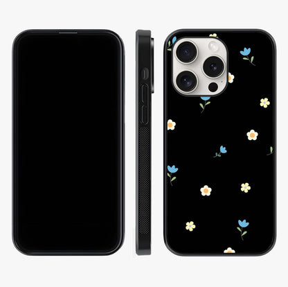 Minimalistic Blue With White Flower Pattern Glass Case displayed upright for full design visibility and premium finish.