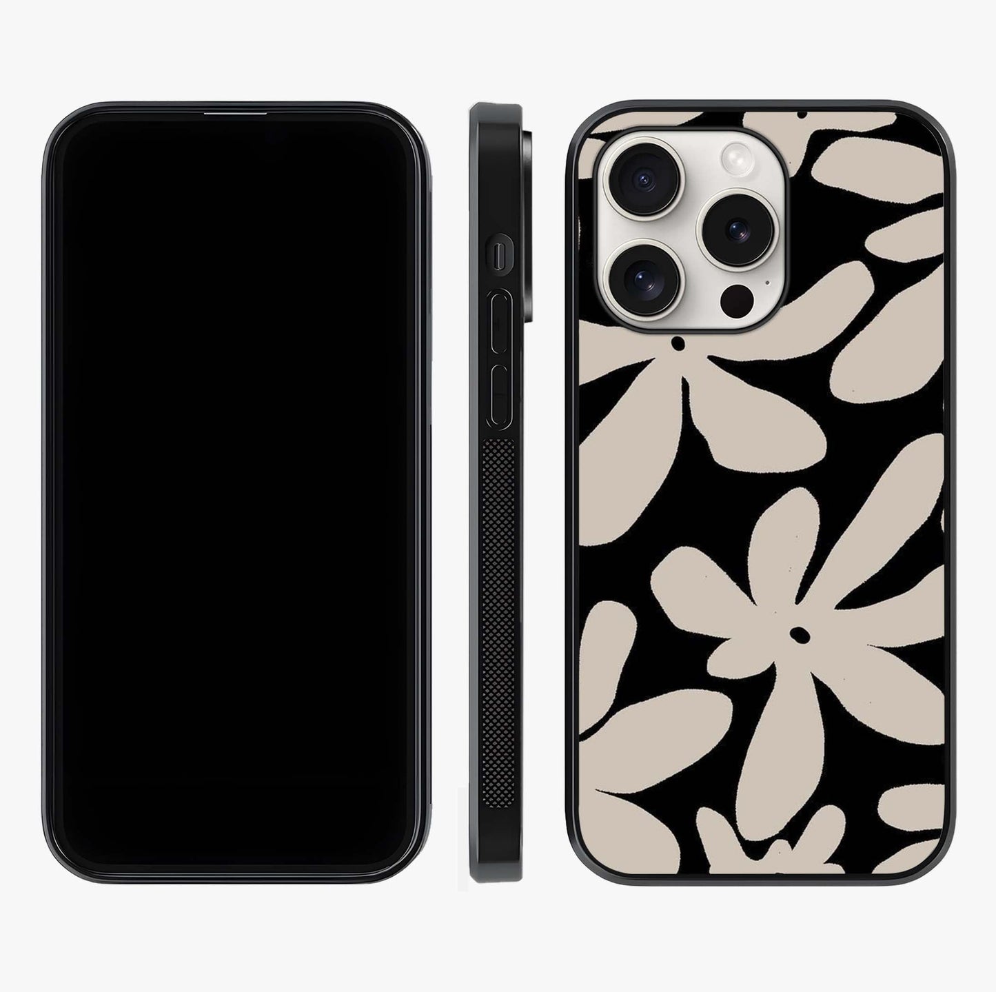 Monochrome Petal Dance Glass Case displayed upright for full design visibility and premium finish.