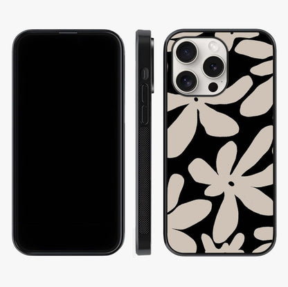 Monochrome Petal Dance Glass Case displayed upright for full design visibility and premium finish.
