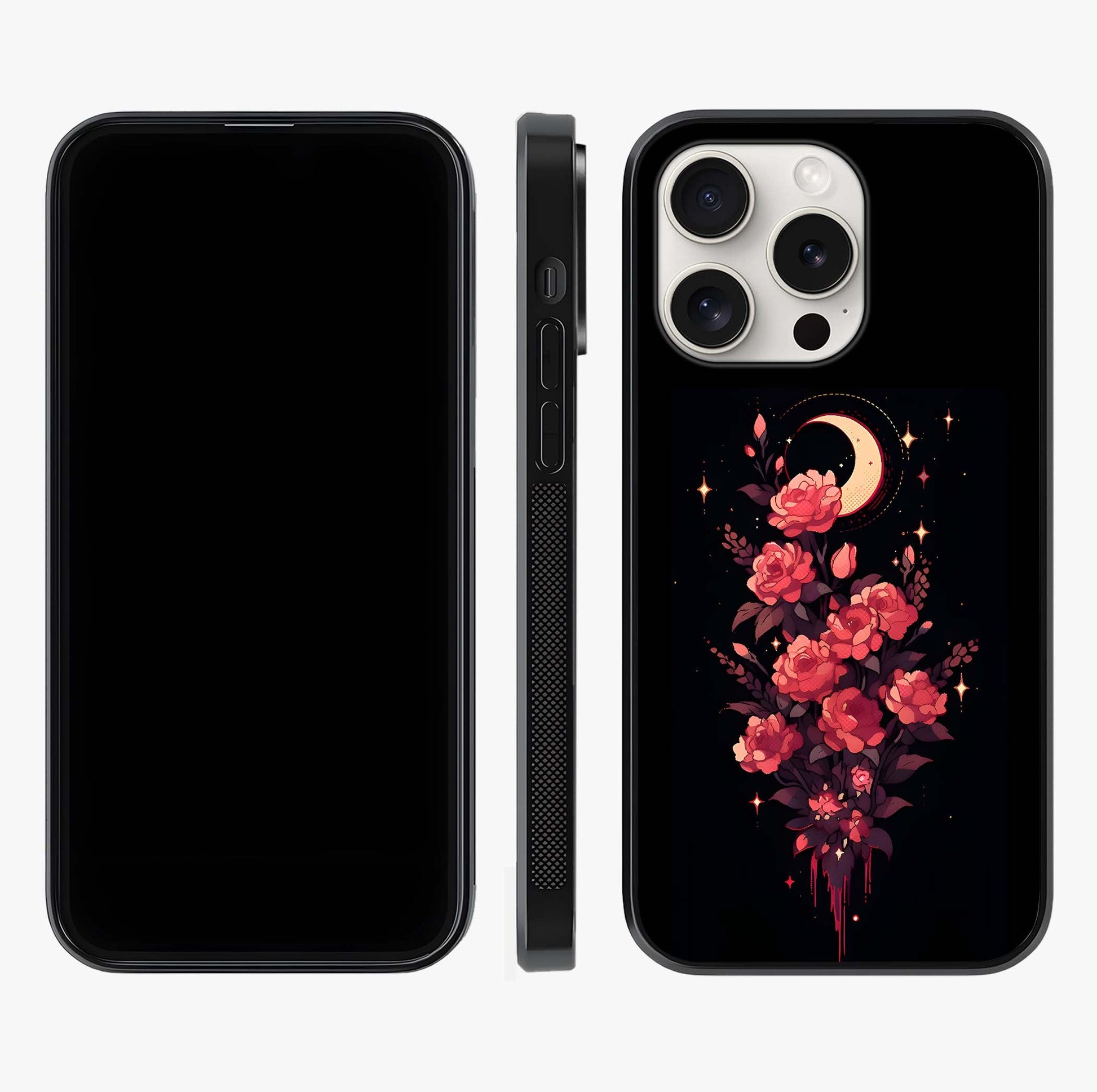 Moonlit Floral Elegance Glass Case displayed upright for full design visibility and premium finish.