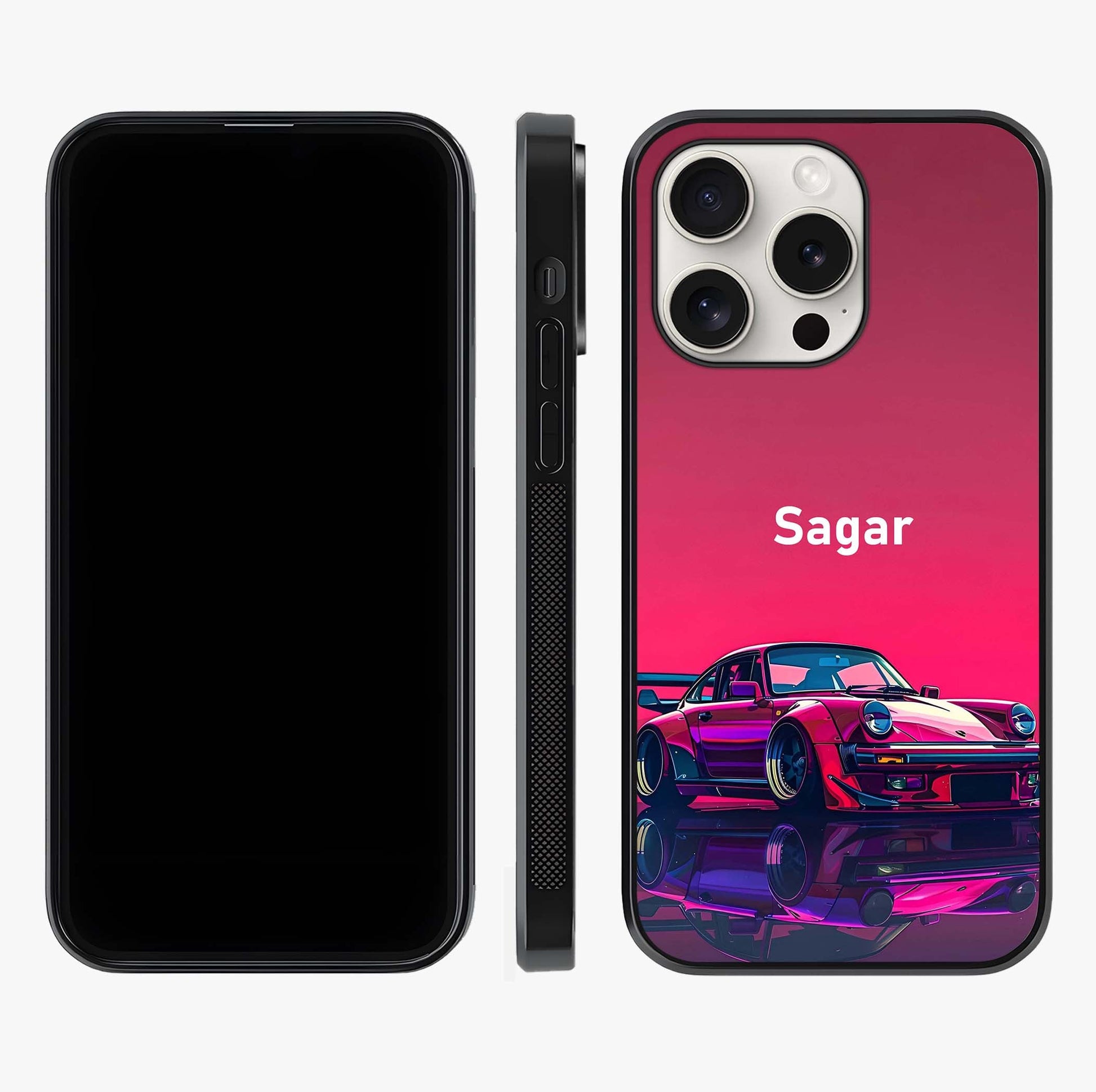Neon Pink Porsche Glass Case displayed upright for full design visibility and premium finish.