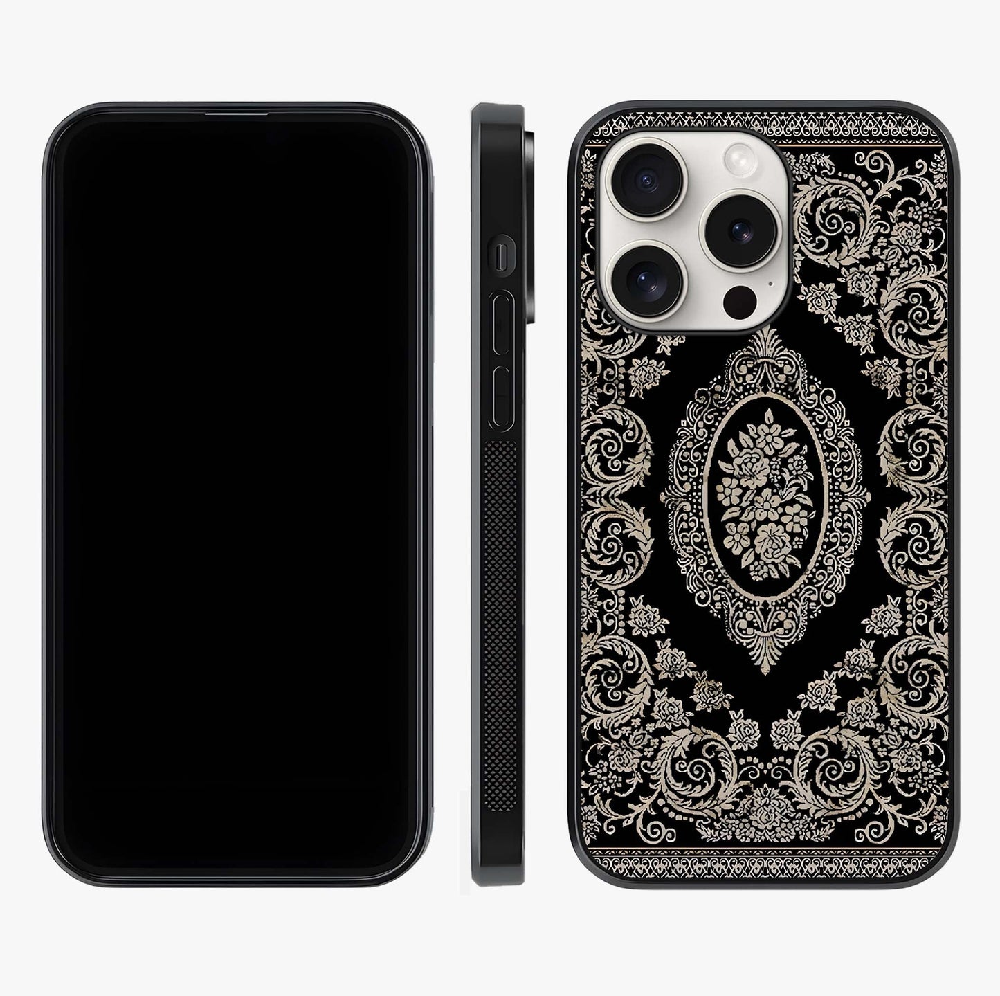 Noir Bloom Elegance Glass Case displayed upright for full design visibility and premium finish.