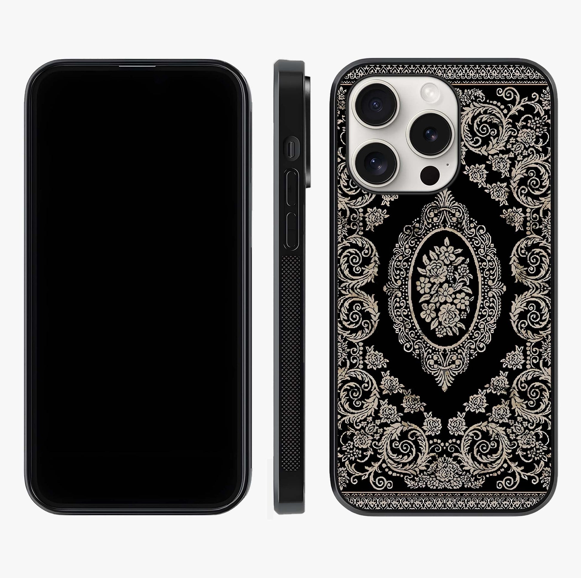 Noir Bloom Elegance Glass Case displayed upright for full design visibility and premium finish.