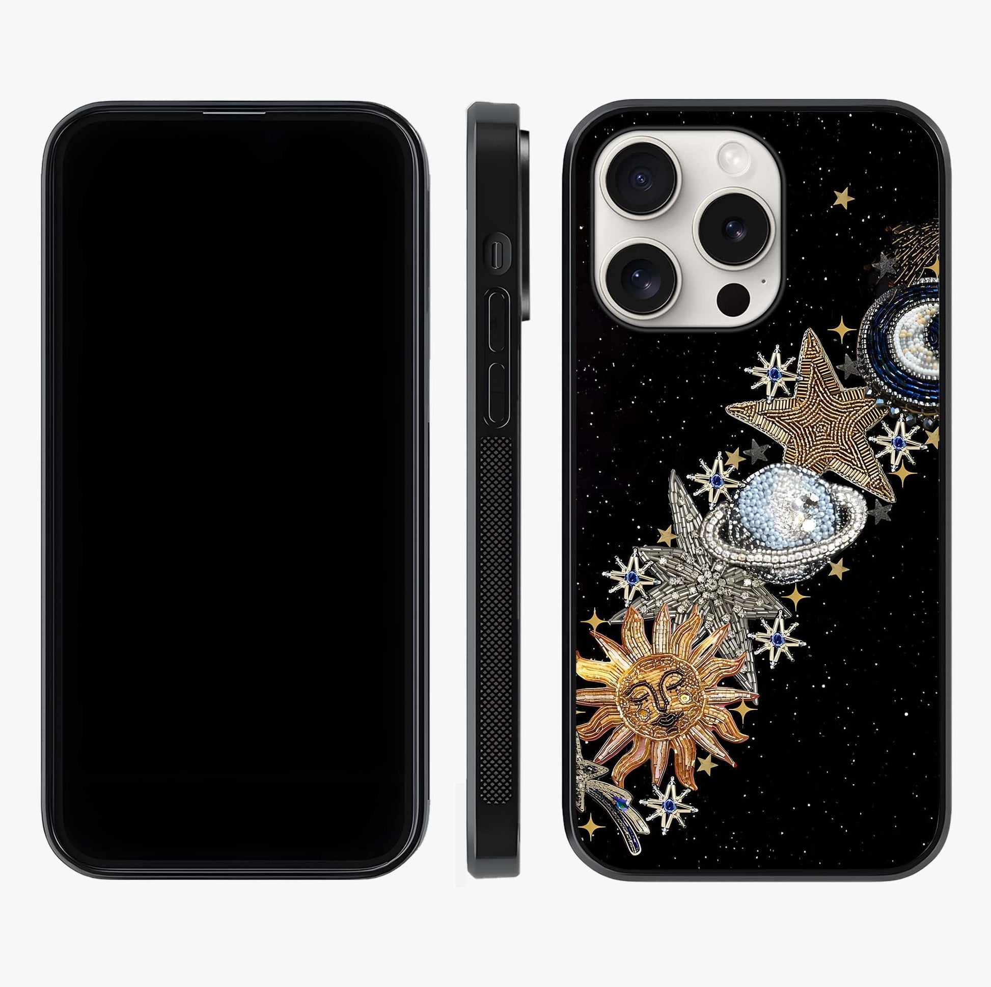 Pearls Universe Object Glass Case displayed upright for full design visibility and premium finish.