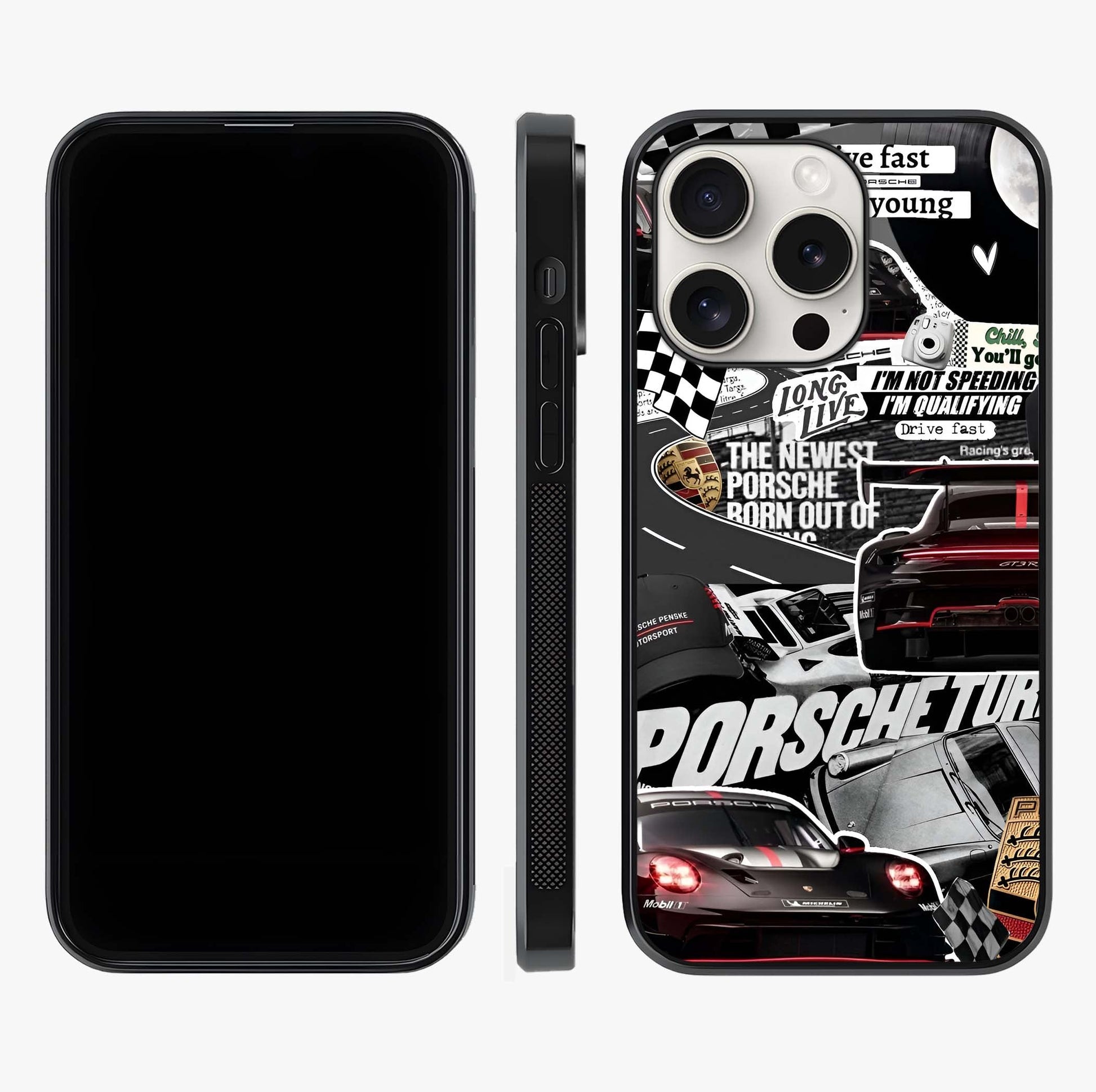 Porsche Racing Collage Glass Case displayed upright for full design visibility and premium finish.