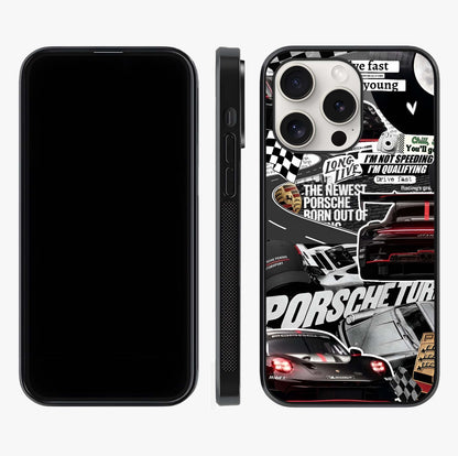 Porsche Racing Collage Glass Case displayed upright for full design visibility and premium finish.