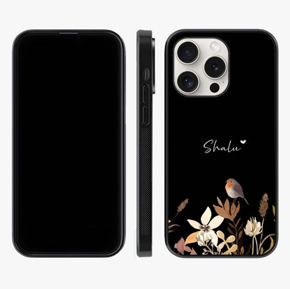 Quiet Garden Tune Custom Name Glass Case displayed upright for full design visibility and premium finish.