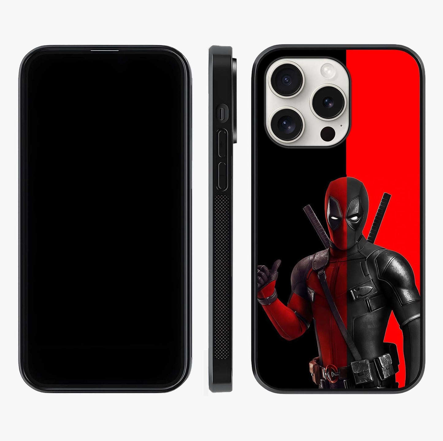Red & Black Deadpool Theme Glass Case displayed upright for full design visibility and premium finish.