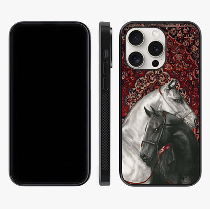 Regal Stallion Tapestry Glass Case displayed upright for full design visibility and premium finish.