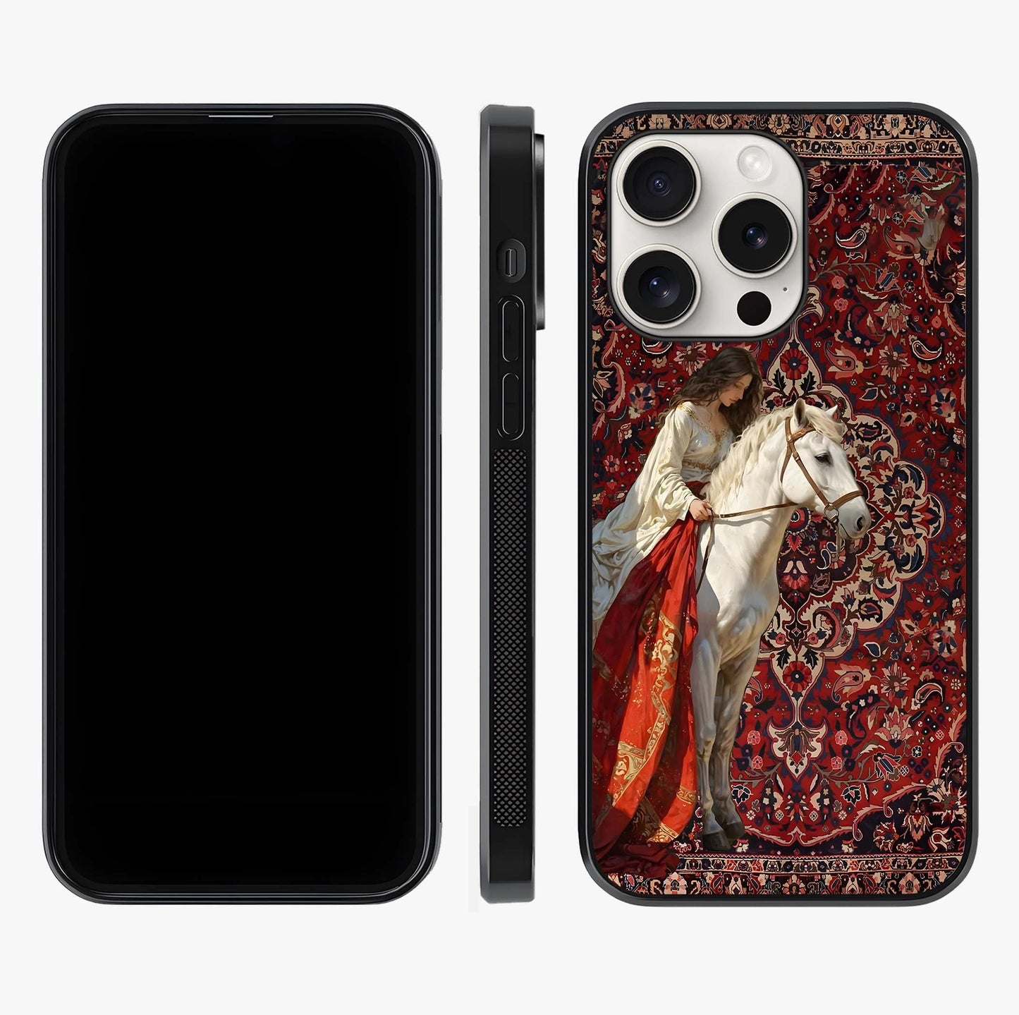 Royal Rider Tapestry Glass Case displayed upright for full design visibility and premium finish.