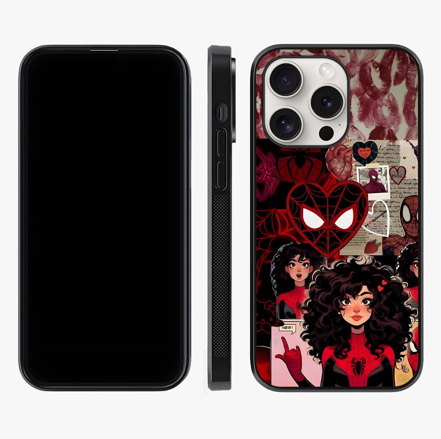 Spider Love Story Glass Case displayed upright for full design visibility and premium finish.