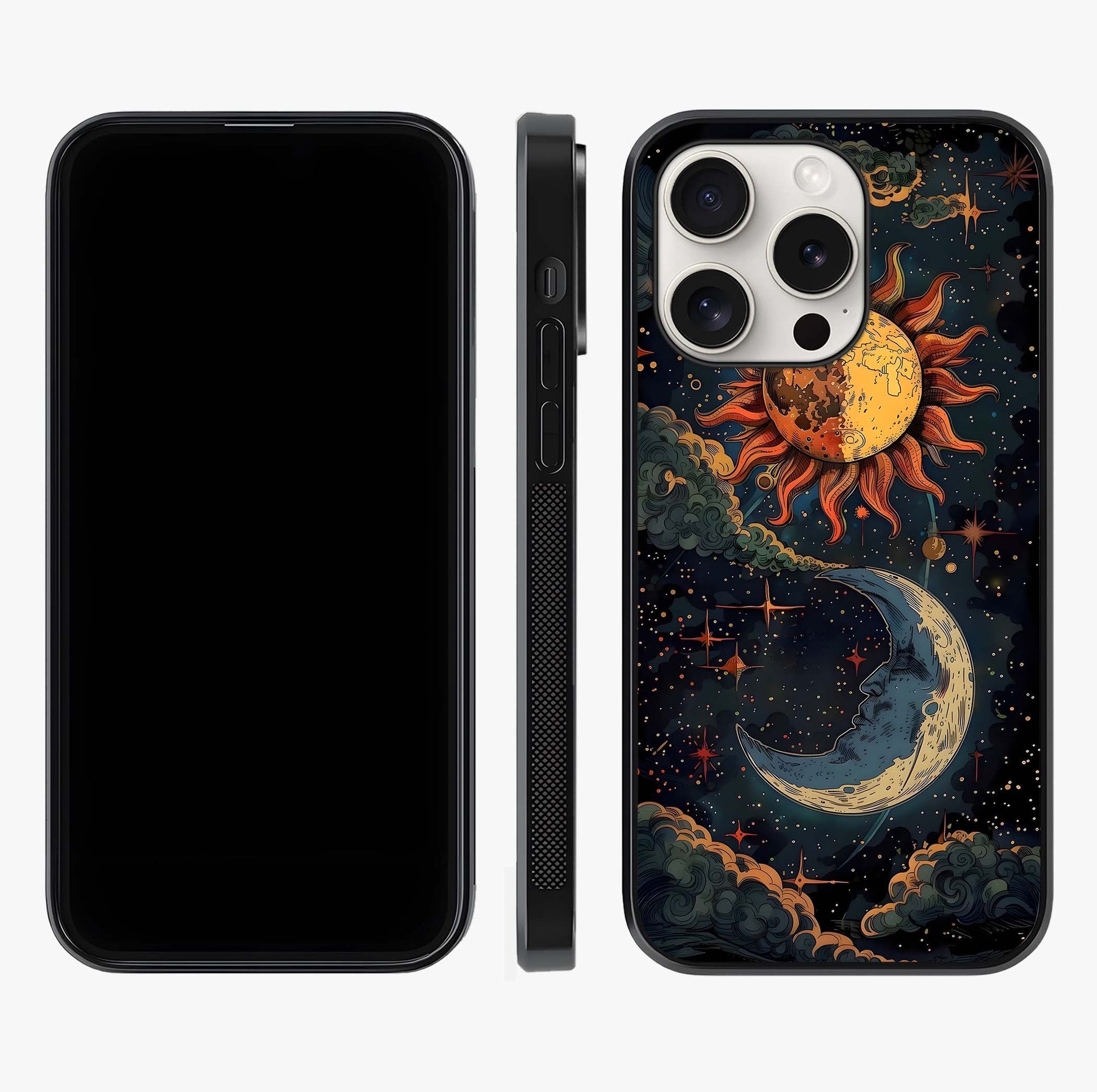 Sun And Moon Magic Design Glass Case displayed upright for full design visibility and premium finish.