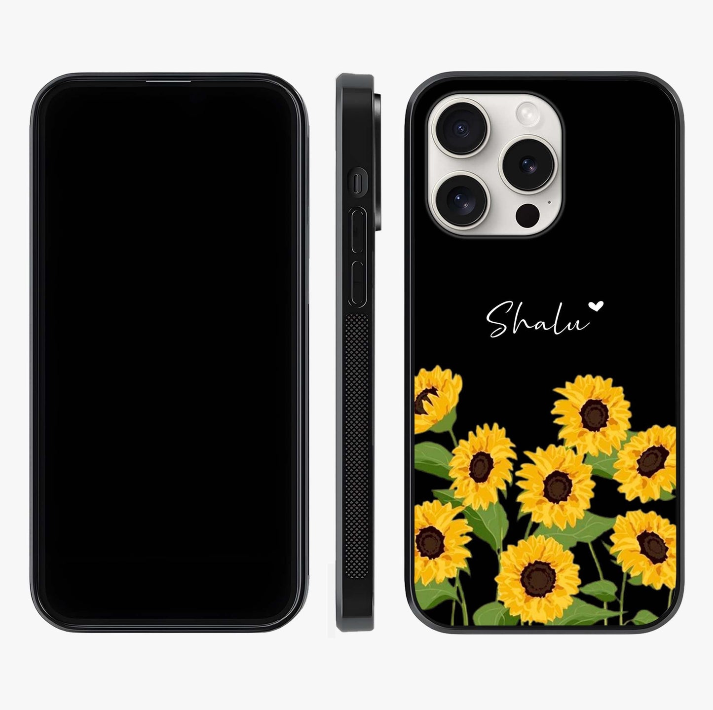 Sunflower Chic Mood Custom Name Glass Case displayed upright for full design visibility and premium finish.