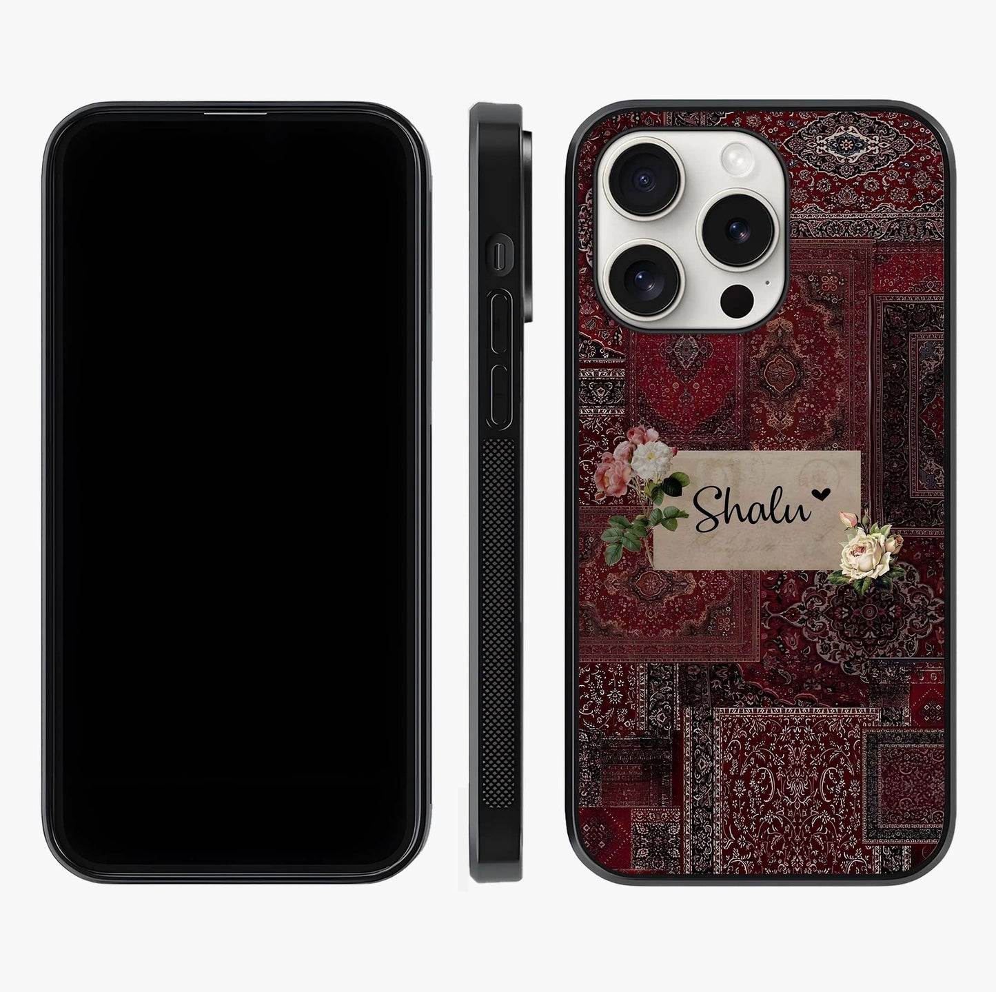 Velvet Wine Pattern Custom Name Glass Case displayed upright for full design visibility and premium finish.