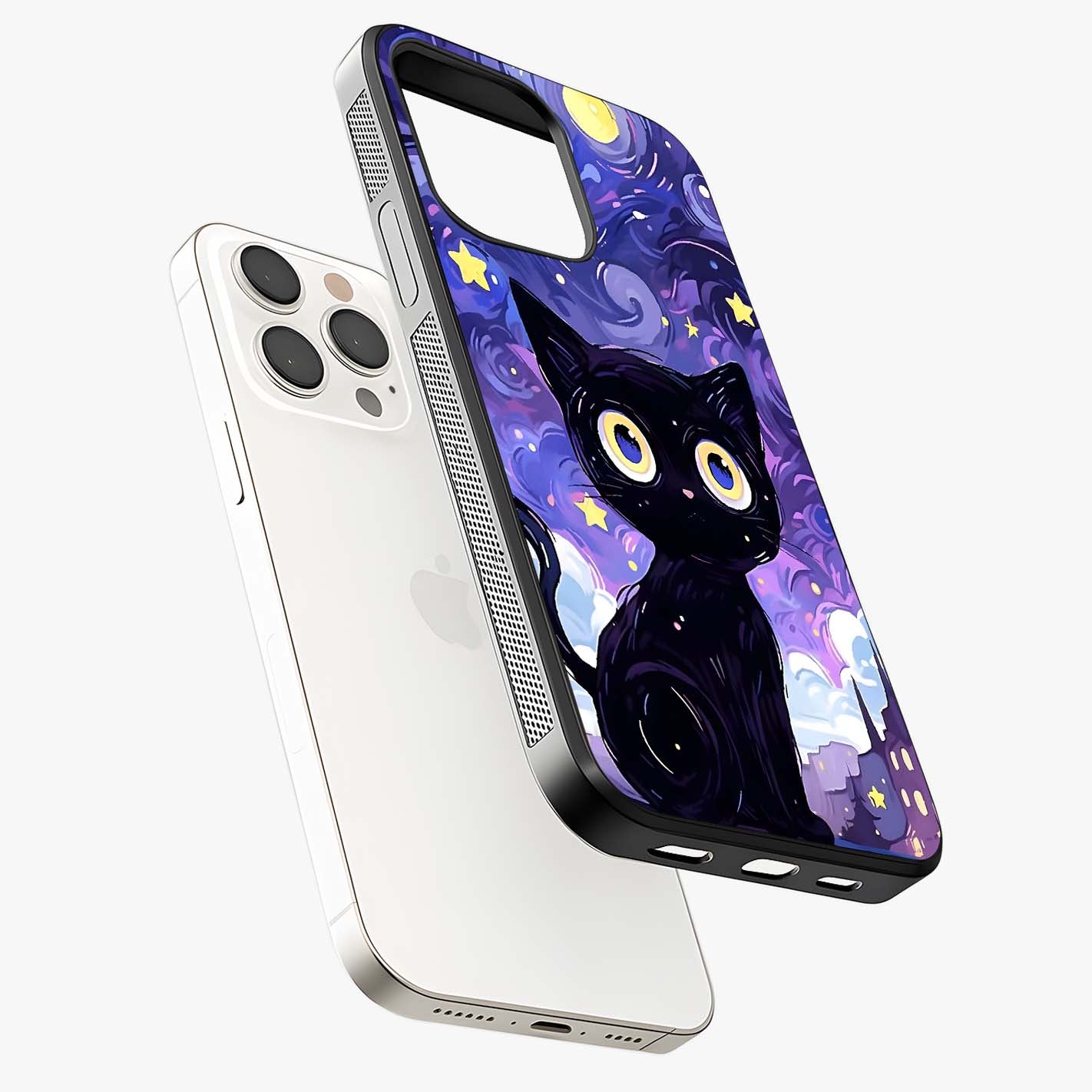 Abstract Cat Art Glass Case laid diagonally highlighting side profile, edges and glossy glass shine.