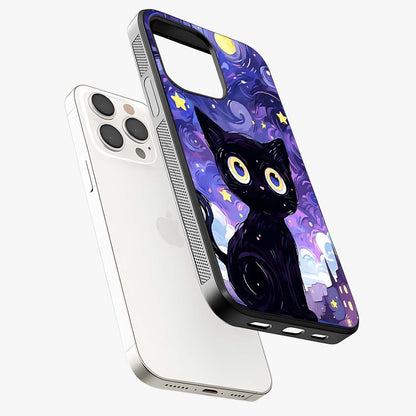 Abstract Cat Art Glass Case laid diagonally highlighting side profile, edges and glossy glass shine.