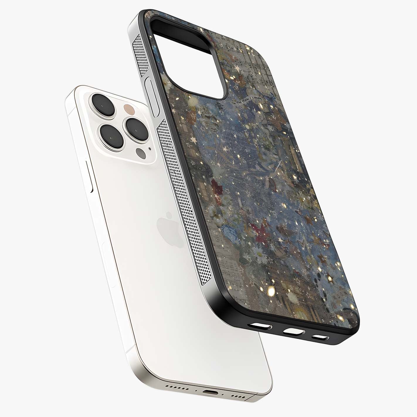 Aesthetic Astrolophia Glass Case laid diagonally highlighting side profile, edges and glossy glass shine.
