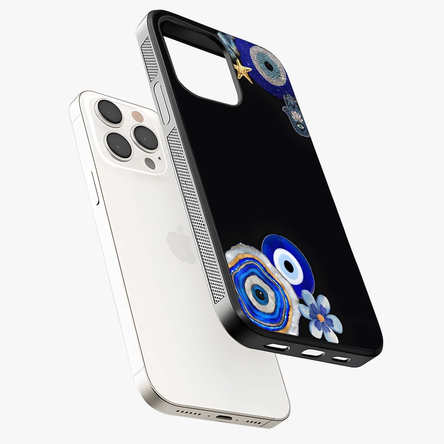 Aesthetic Blue Evil Eye Glass Case laid diagonally highlighting side profile, edges and glossy glass shine.