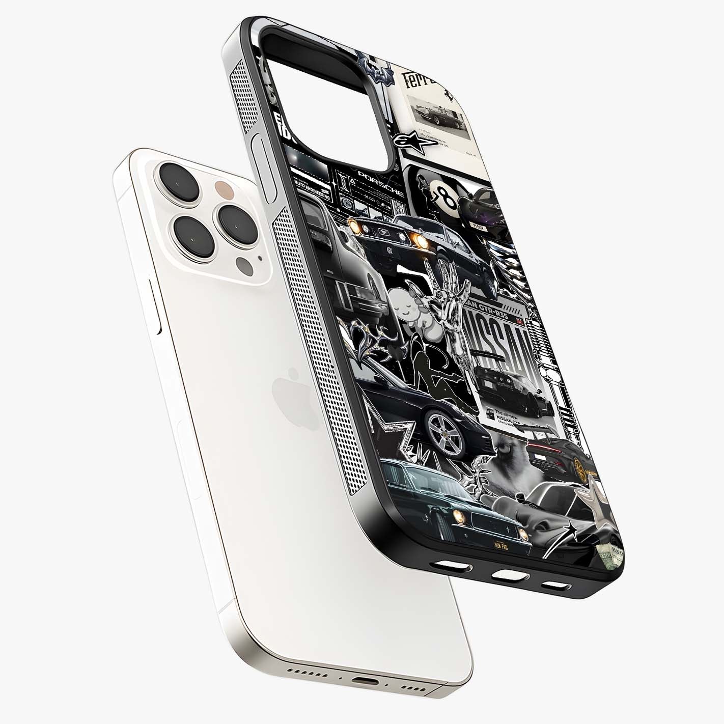 Aesthetic Dark Love Glass Case laid diagonally highlighting side profile, edges and glossy glass shine.
