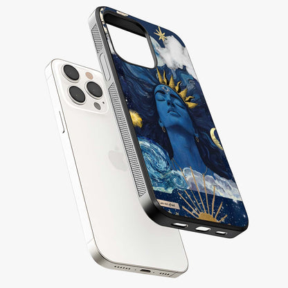 Aesthetic Lord Shiva Glass Case laid diagonally highlighting side profile, edges and glossy glass shine.