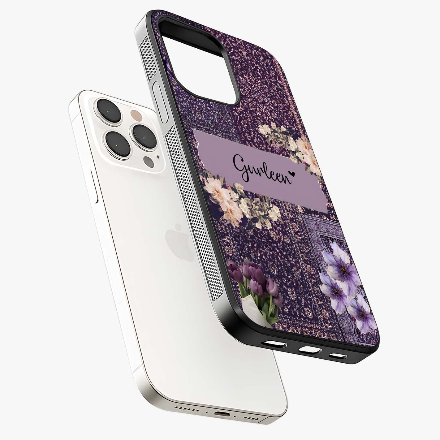 Antique Floral Whisper Custom Name Glass Case laid diagonally highlighting side profile, edges and glossy glass shine.