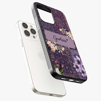 Antique Floral Whisper Custom Name Glass Case laid diagonally highlighting side profile, edges and glossy glass shine.
