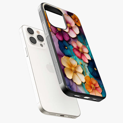 Artlyn Grace Flower Pattern Glass Case laid diagonally highlighting side profile, edges and glossy glass shine.