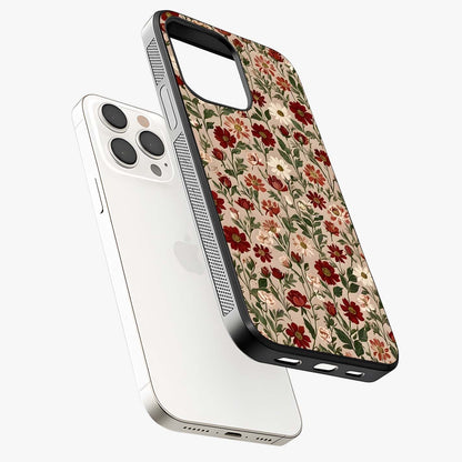 Biege Flower With Leaf Glass Case laid diagonally highlighting side profile, edges and glossy glass shine.