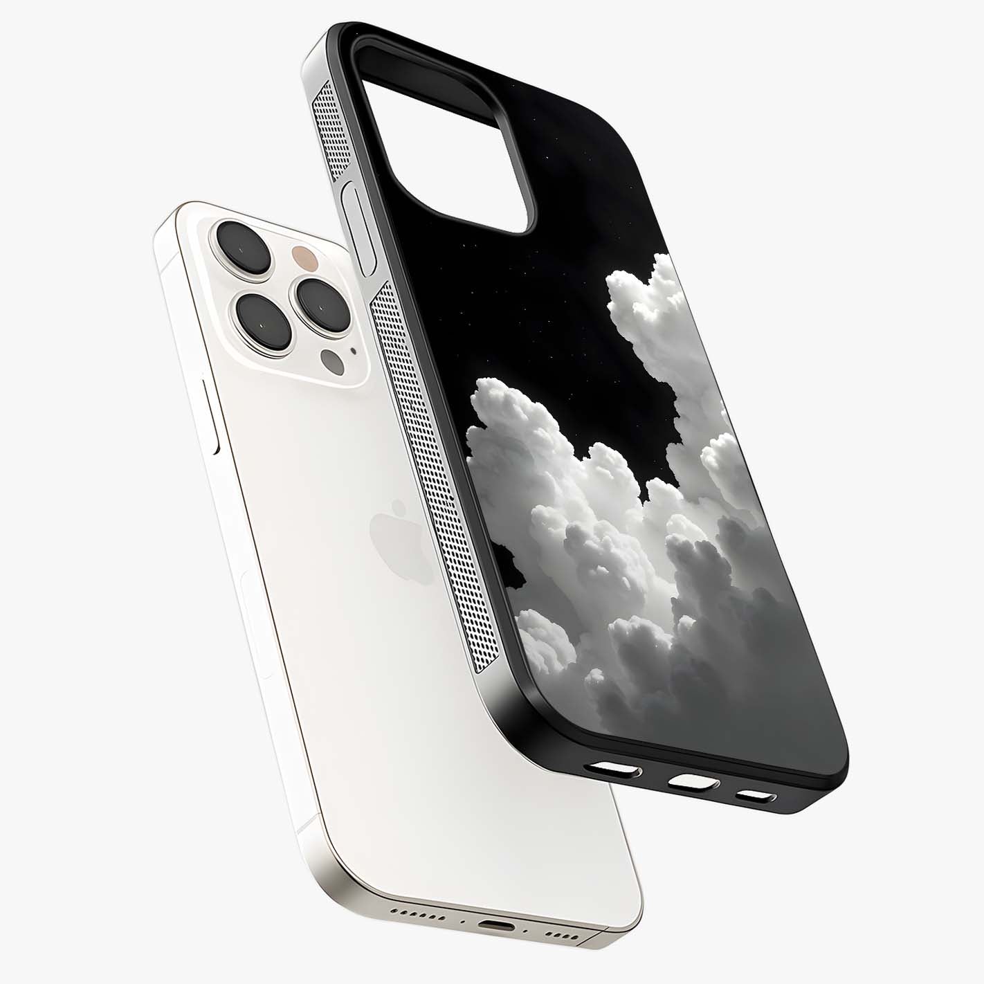 Black Background With White Cloud Glass Case laid diagonally highlighting side profile, edges and glossy glass shine.
