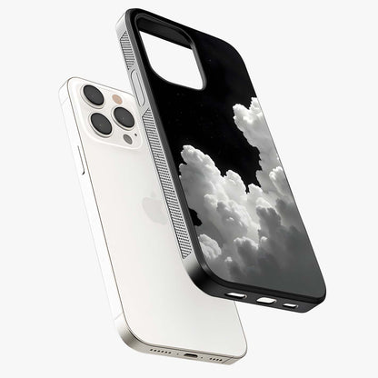 Black Background With White Cloud Glass Case laid diagonally highlighting side profile, edges and glossy glass shine.