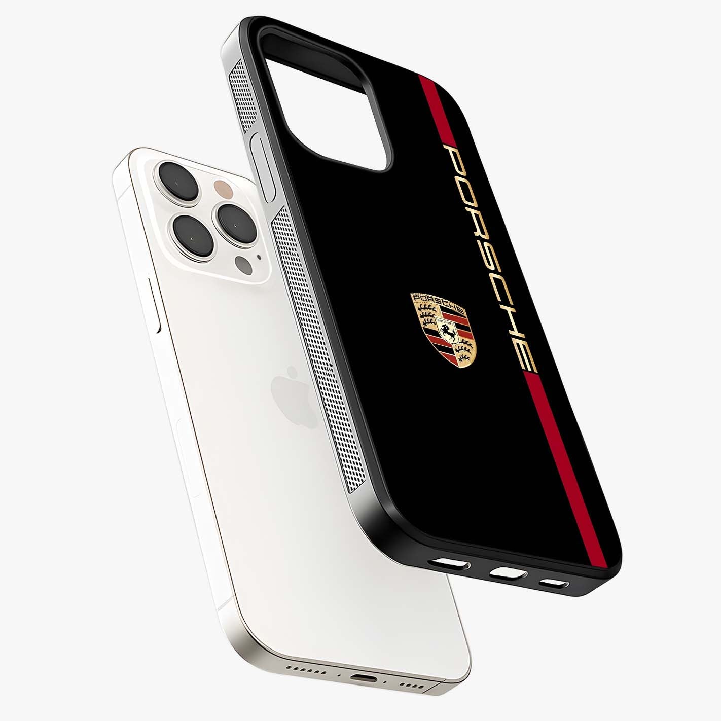 Black Minimal Porsche Glass Case laid diagonally highlighting side profile, edges and glossy glass shine.