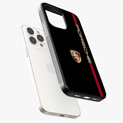 Black Minimal Porsche Glass Case laid diagonally highlighting side profile, edges and glossy glass shine.