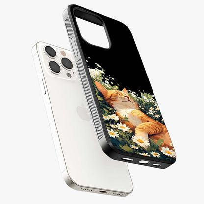 Blissful Bloom Cat Glass Case laid diagonally highlighting side profile, edges and glossy glass shine.